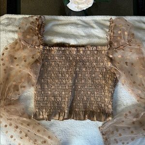 Mesh Frill Trim Shirred Top with Polka Dot Sleeves